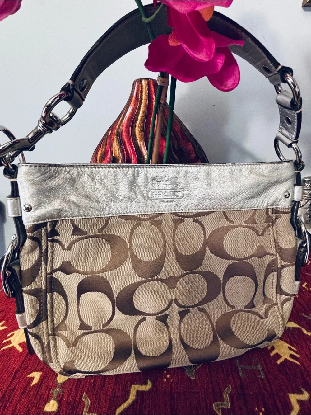 Coach Brown Signature Canvas Shoulder Bag with Silver Trim